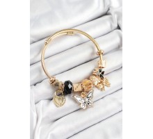 316L Çelik Siyah Zirkon Taşlı Kelebek Fiyonk Ve Kilit Model Gold Renk Charm Bileklik - TJ-BB7310