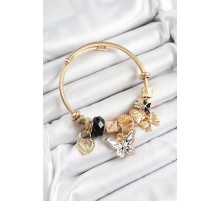 316L Çelik Siyah Zirkon Taşlı Kelebek Fiyonk Ve Kilit Model Gold Renk Charm Bileklik - TJ-BB7310