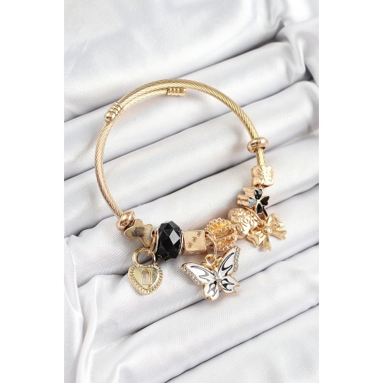 316L Çelik Siyah Zirkon Taşlı Kelebek Fiyonk Ve Kilit Model Gold Renk Charm Bileklik - TJ-BB7310