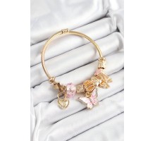 316L Çelik Pembe Zirkon Taşlı Kelebek Fiyonk Ve Kilit Model Gold Renk Charm Bileklik - TJ-BB7311
