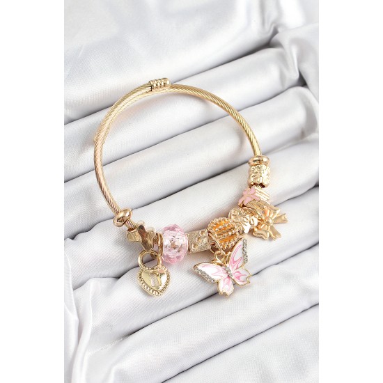 316L Çelik Pembe Zirkon Taşlı Kelebek Fiyonk Ve Kilit Model Gold Renk Charm Bileklik - TJ-BB7311