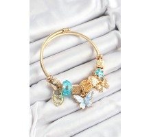 316L Çelik Mavi Zirkon Taşlı Kelebek Fiyonk Ve Kilit Model Gold Renk Charm Bileklik - TJ-BB7312