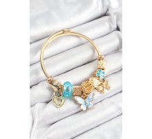 316L Çelik Mavi Zirkon Taşlı Kelebek Fiyonk Ve Kilit Model Gold Renk Charm Bileklik - TJ-BB7312