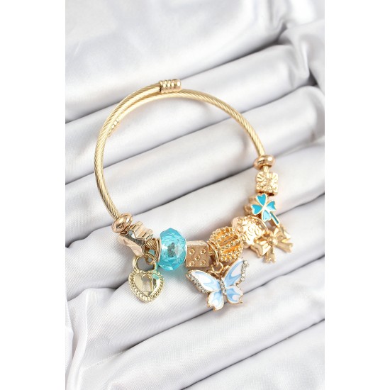 316L Çelik Mavi Zirkon Taşlı Kelebek Fiyonk Ve Kilit Model Gold Renk Charm Bileklik - TJ-BB7312