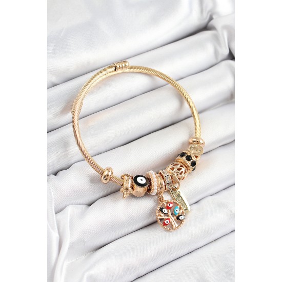 316L Çelik Siyah Nazarlı Zirkon Taşlı İnci Detaylı Hayat Ağacı Model Gold Renk Charm Bileklik - TJ-BB7313