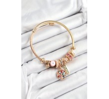 316L Çelik Pembe Nazarlı Zirkon Taşlı İnci Detaylı Hayat Ağacı Model Gold Renk Charm Bileklik - TJ-BB7314