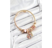 316L Çelik Pembe Nazarlı Zirkon Taşlı İnci Detaylı Hayat Ağacı Model Gold Renk Charm Bileklik - TJ-BB7314