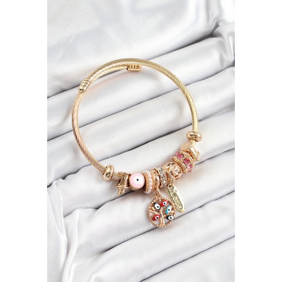 316L Çelik Pembe Nazarlı Zirkon Taşlı İnci Detaylı Hayat Ağacı Model Gold Renk Charm Bileklik - TJ-BB7314