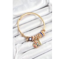 316L Çelik Lacivert Nazarlı Zirkon Taşlı İnci Detaylı Hayat Ağacı Model Gold Renk Charm Bileklik - TJ-BB7315