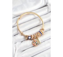 316L Çelik Lacivert Nazarlı Zirkon Taşlı İnci Detaylı Hayat Ağacı Model Gold Renk Charm Bileklik - TJ-BB7315