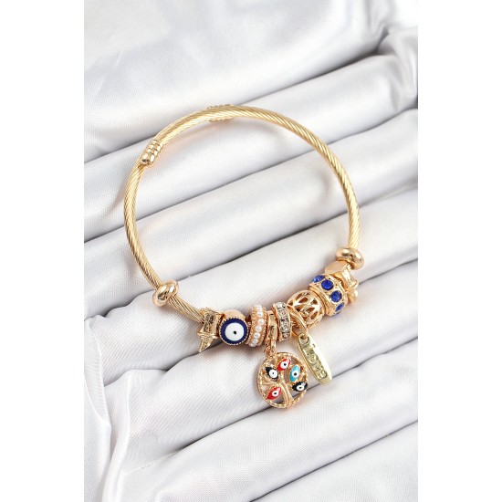 316L Çelik Lacivert Nazarlı Zirkon Taşlı İnci Detaylı Hayat Ağacı Model Gold Renk Charm Bileklik - TJ-BB7315