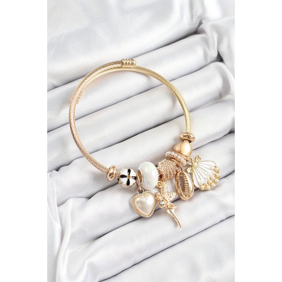 316L Çelik Beyaz Zirkon Taşlı Yıldız Melek İstiridye Ve Kalp Model Gold Renk Charm Bileklik - TJ-BB7316