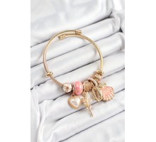 316L Çelik Pembe Zirkon Taşlı Yıldız Melek İstiridye Ve Kalp Model Gold Renk Charm Bileklik - TJ-BB7317