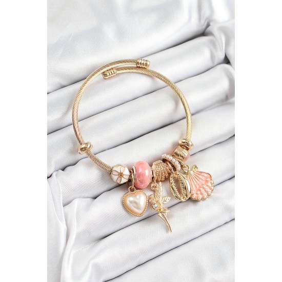 316L Çelik Pembe Zirkon Taşlı Yıldız Melek İstiridye Ve Kalp Model Gold Renk Charm Bileklik - TJ-BB7317