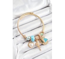 316L Çelik Mavi Zirkon Taşlı Yıldız Melek İstiridye Ve Kalp Model Gold Renk Charm Bileklik - TJ-BB7318