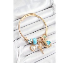 316L Çelik Mavi Zirkon Taşlı Yıldız Melek İstiridye Ve Kalp Model Gold Renk Charm Bileklik - TJ-BB7318
