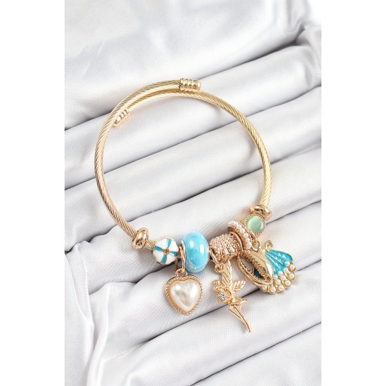 316L Çelik Mavi Zirkon Taşlı Yıldız Melek İstiridye Ve Kalp Model Gold Renk Charm Bileklik - TJ-BB7318