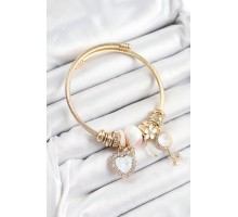 316L Çelik Beyaz Zirkon Taşlı Anahtar Ve Kalp Model Gold Renk Charm Bileklik - TJ-BB7319