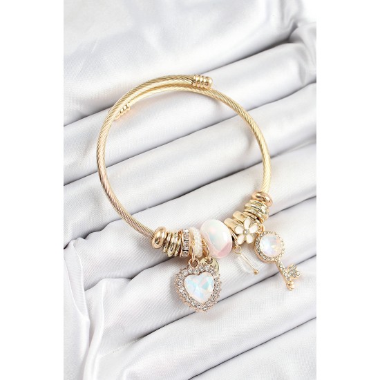 316L Çelik Beyaz Zirkon Taşlı Anahtar Ve Kalp Model Gold Renk Charm Bileklik - TJ-BB7319