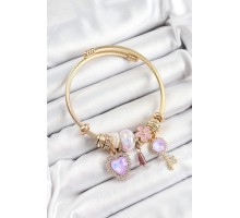 316L Çelik Mor Zirkon Taşlı Anahtar Ve Kalp Model Gold Renk Charm Bileklik - TJ-BB7320