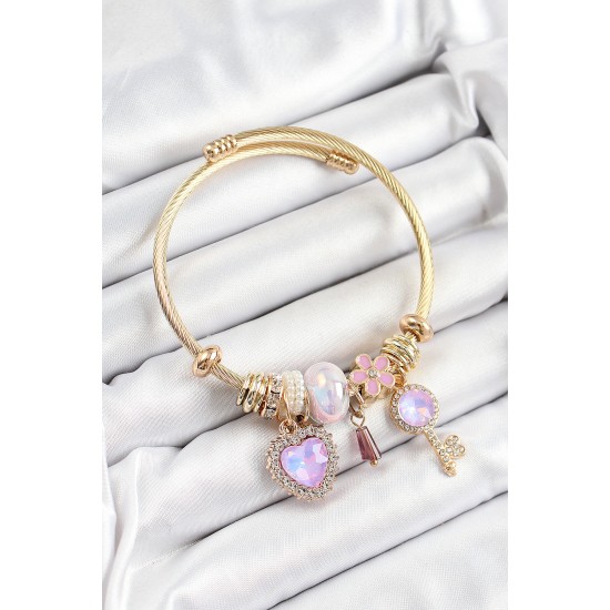 316L Çelik Mor Zirkon Taşlı Anahtar Ve Kalp Model Gold Renk Charm Bileklik - TJ-BB7320