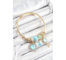 316L Çelik Mavi Zirkon Taşlı Anahtar Ve Kalp Model Gold Renk Charm Bileklik - TJ-BB7321