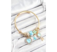 316L Çelik Mavi Zirkon Taşlı Anahtar Ve Kalp Model Gold Renk Charm Bileklik - TJ-BB7321