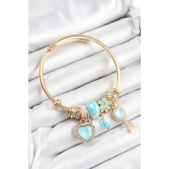 316L Çelik Mavi Zirkon Taşlı Anahtar Ve Kalp Model Gold Renk Charm Bileklik - TJ-BB7321