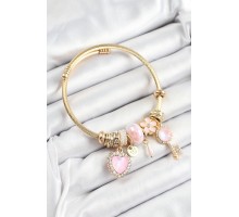316L Çelik Pembe Zirkon Taşlı Anahtar Ve Kalp Model Gold Renk Charm Bileklik - TJ-BB7322