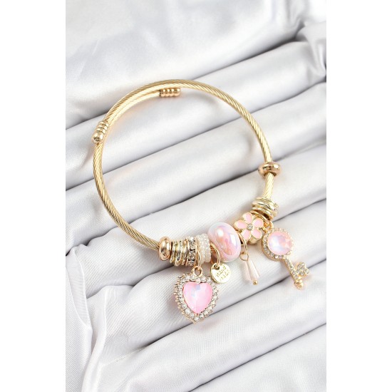 316L Çelik Pembe Zirkon Taşlı Anahtar Ve Kalp Model Gold Renk Charm Bileklik - TJ-BB7322