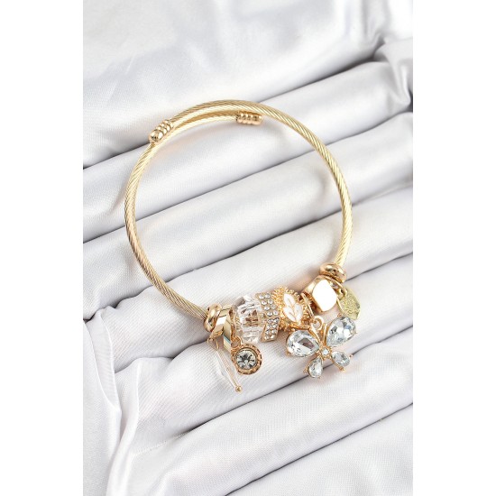 316L Çelik Beyaz Zirkon Taşlı Kelebek Model Gold Renk Charm Bileklik - TJ-BB7323