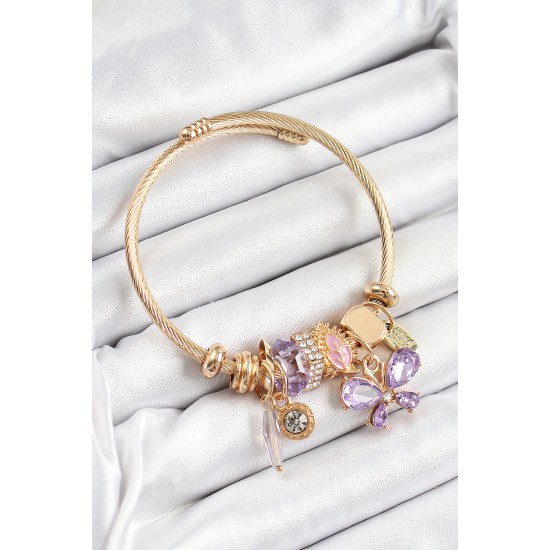 316L Çelik Mor Zirkon Taşlı Kelebek Model Gold Renk Charm Bileklik - TJ-BB7324