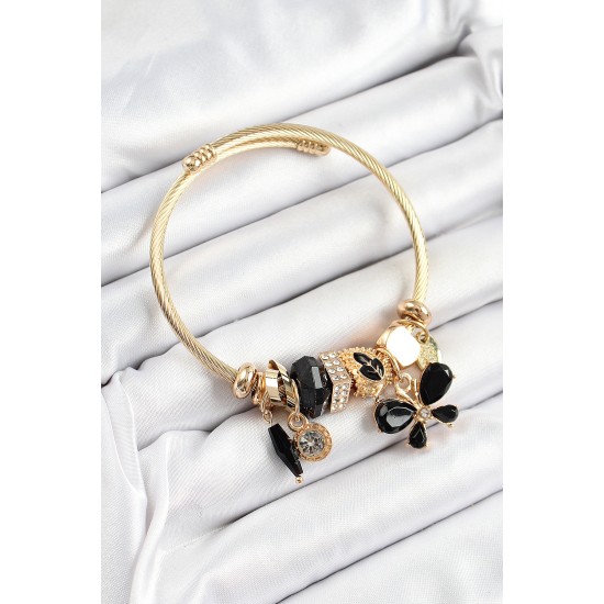 316L Çelik Siyah Zirkon Taşlı Kelebek Model Gold Renk Charm Bileklik - TJ-BB7325