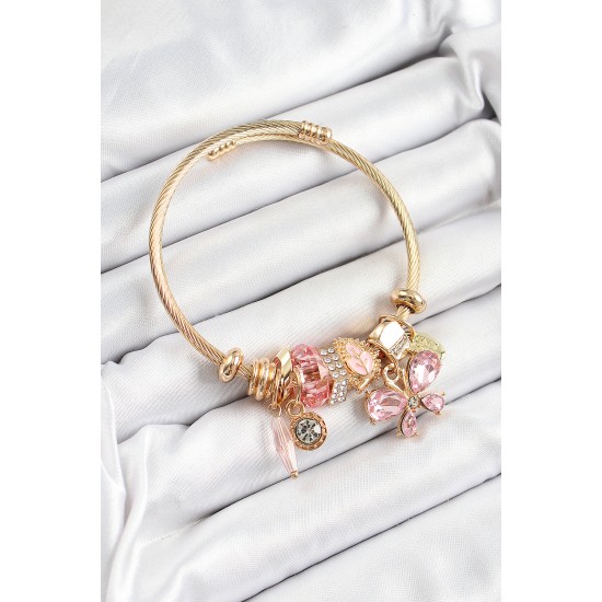 316L Çelik Pembe Zirkon Taşlı Kelebek Model Gold Renk Charm Bileklik - TJ-BB7326