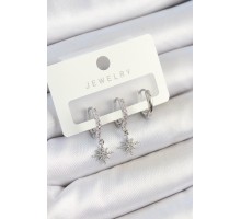 Pirinç Zirkon Taşlı Kutup Yıldızı Model Gümüş Renk 3'lü Çift Kadın Küpe Set - TJ-BKP10786