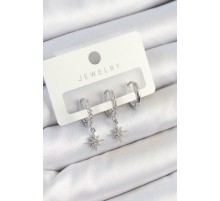 Pirinç Zirkon Taşlı Kutup Yıldızı Model Gümüş Renk 3'lü Çift Kadın Küpe Set - TJ-BKP10786