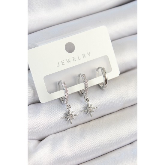 Pirinç Zirkon Taşlı Kutup Yıldızı Model Gümüş Renk 3'lü Çift Kadın Küpe Set - TJ-BKP10786