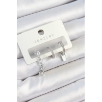 Pirinç Zirkon Taşlı Sallantılı Model Gümüş Renk 3'lü Çift Kadın Küpe Set - TJ-BKP10787