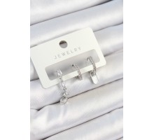 Pirinç Zirkon Taşlı Sallantılı Model Gümüş Renk 3'lü Çift Kadın Küpe Set - TJ-BKP10787
