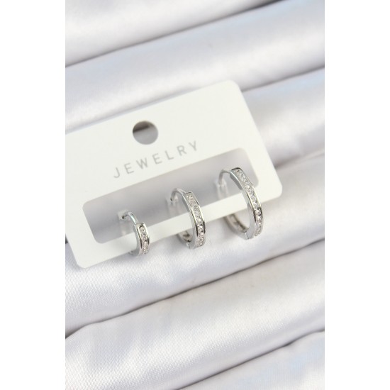 Pirinç Zirkon Taşlı Halka Model Gümüş Renk 3'lü Çift Kadın Küpe Set - TJ-BKP10788