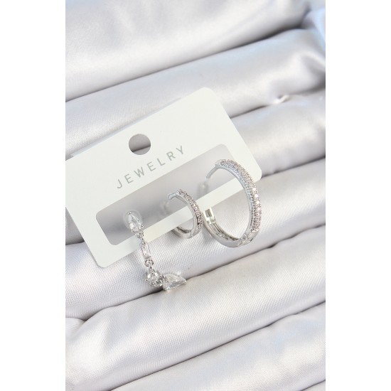 Pirinç Zirkon Taşlı Sallantılı Model Gümüş Renk 3'lü Çift Kadın Küpe Set - TJ-BKP10789