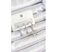 Pirinç Zirkon Taşlı Yıldız Model Gümüş Renk 3'lü Çift Kadın Küpe Set - TJ-BKP10790