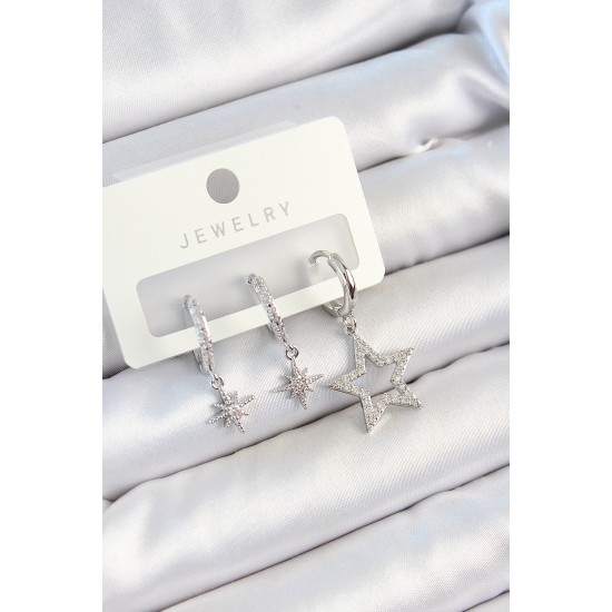 Pirinç Zirkon Taşlı Yıldız Model Gümüş Renk 3'lü Çift Kadın Küpe Set - TJ-BKP10790