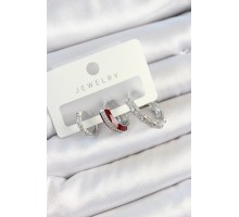 Pirinç Zirkon Taşlı Bordo Pembe Halka Model Gümüş Renk 3'lü Çift Kadın Küpe Set - TJ-BKP10791