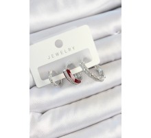 Pirinç Zirkon Taşlı Bordo Pembe Halka Model Gümüş Renk 3'lü Çift Kadın Küpe Set - TJ-BKP10791