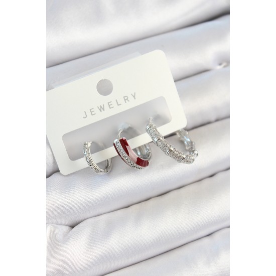 Pirinç Zirkon Taşlı Bordo Pembe Halka Model Gümüş Renk 3'lü Çift Kadın Küpe Set - TJ-BKP10791