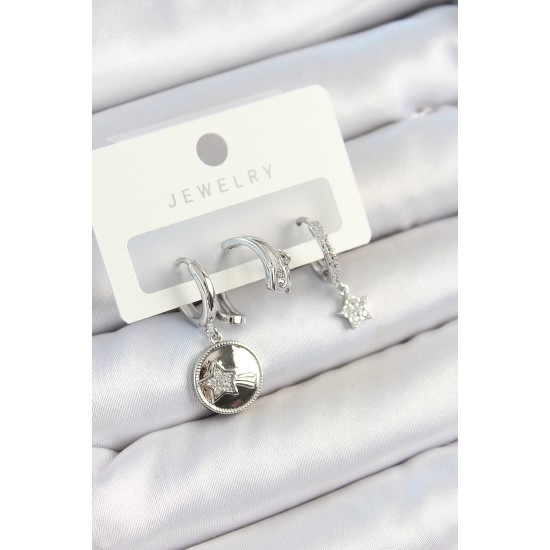 Pirinç Zirkon Taşlı Sallantılı Yıldız Model Gümüş Renk 3'lü Çift Kadın Küpe Set - TJ-BKP10792