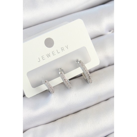 Pirinç Zirkon Taşlı Halka Model Gümüş Renk 3'lü Çift Kadın Küpe Set - TJ-BKP10793