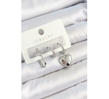 Pirinç Zirkon Taşlı Kalp Model Gümüş Renk 3'lü Çift Kadın Küpe Set - TJ-BKP10794