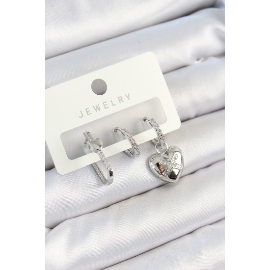 Pirinç Zirkon Taşlı Kalp Model Gümüş Renk 3'lü Çift Kadın Küpe Set - TJ-BKP10794